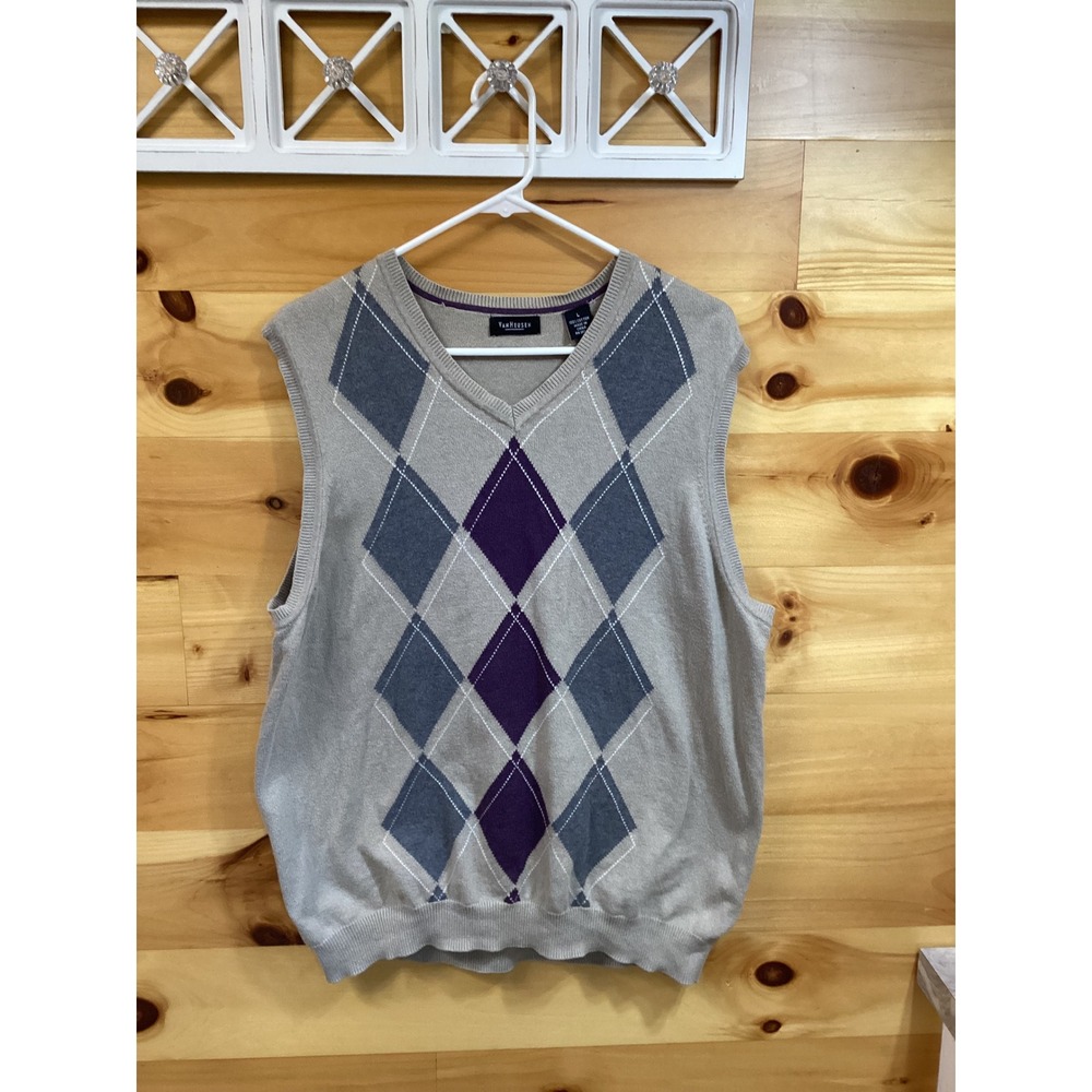 Van Heusen Mens Argyle Sweater Vest Grey Purple 100% Cotton V-Neck Size Large